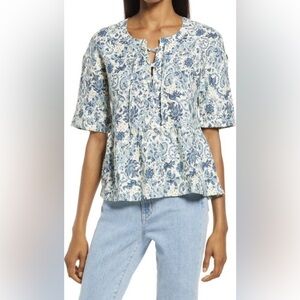 Faherty Salinas 100% Linen Floral Lace Up Top XS